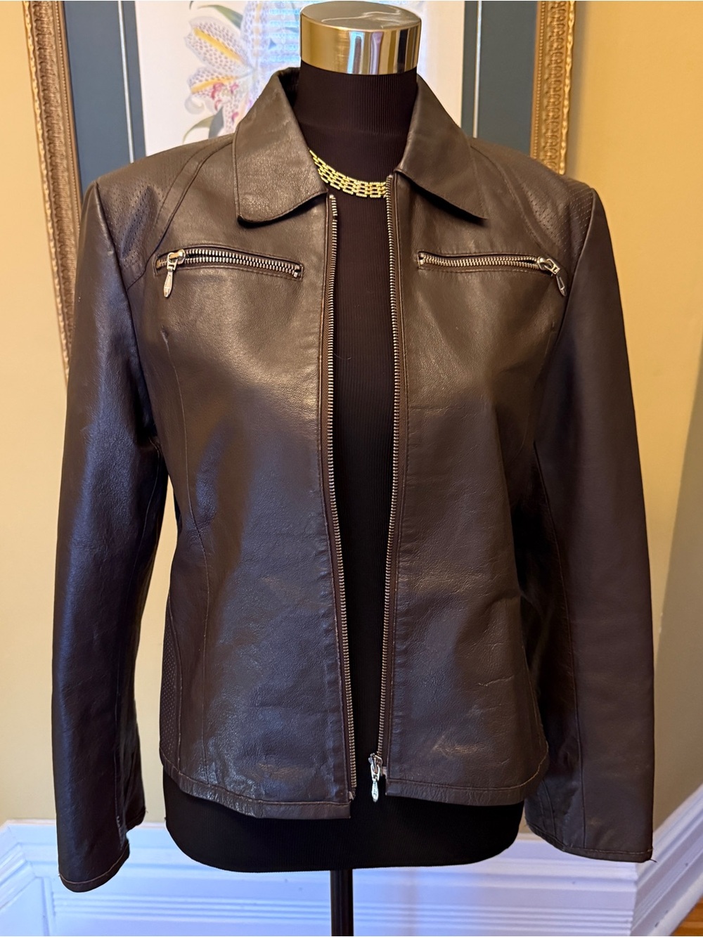 Women's Dark Brown Leather Zip Jacket - Sleek Collar Design